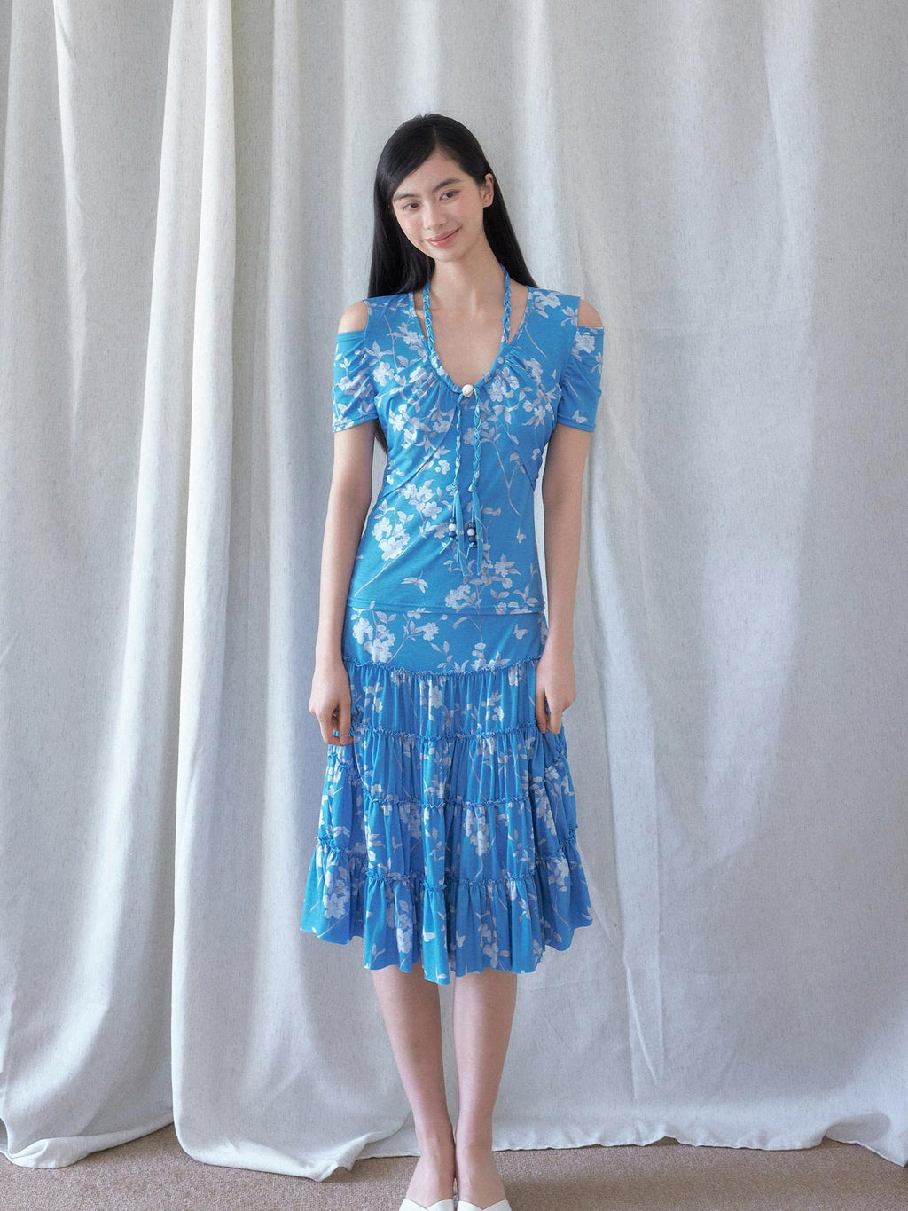SENSELF Blue Vintage Floral Chinese Print Low Waist Lace Trim Women's Tiered Skirts