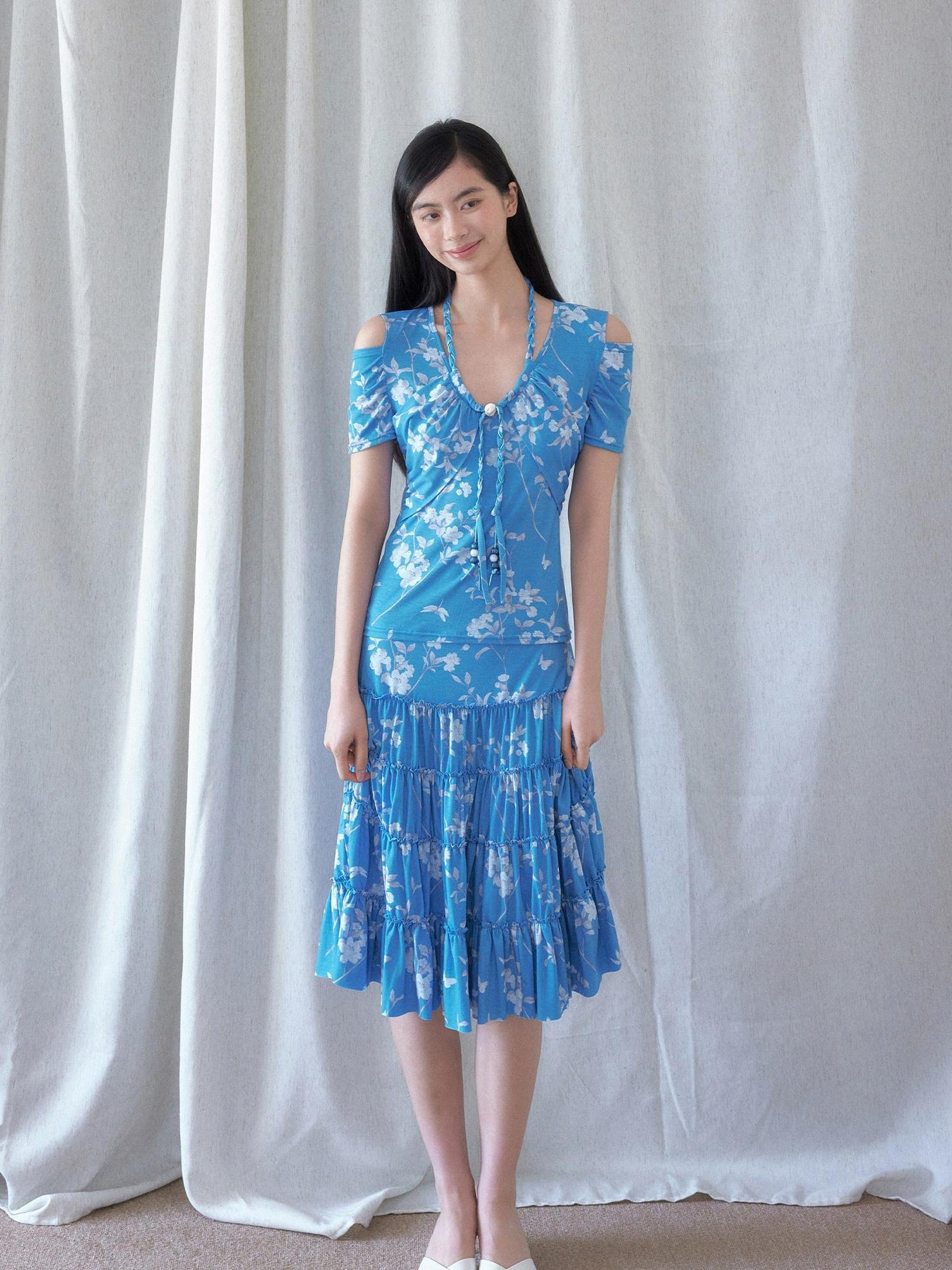 SENSELF Blue Vintage Floral Chinese Print Low Waist Lace Trim Women's Tiered Skirts