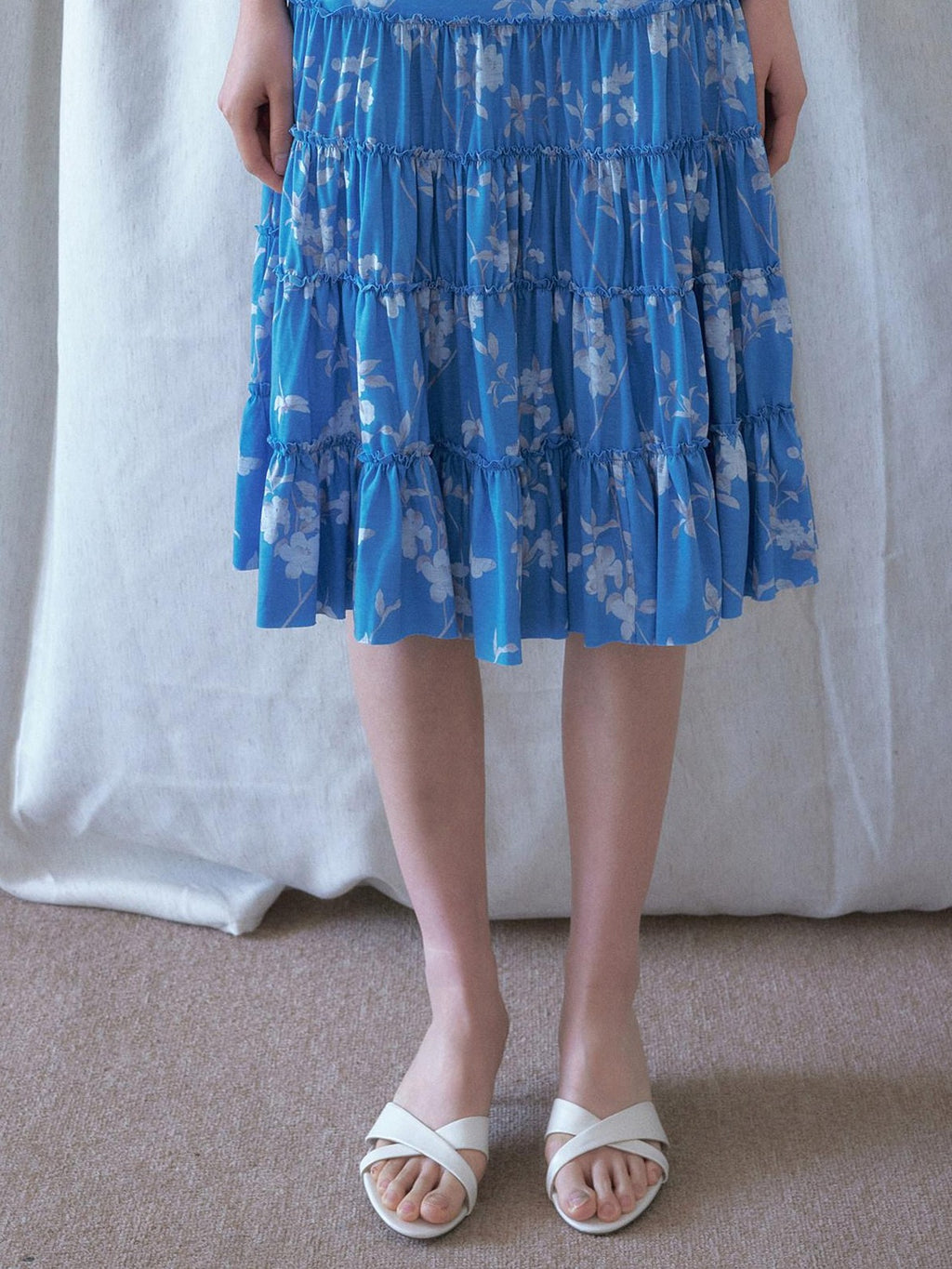 SENSELF Blue Vintage Floral Chinese Print Low Waist Lace Trim Women's Tiered Skirts