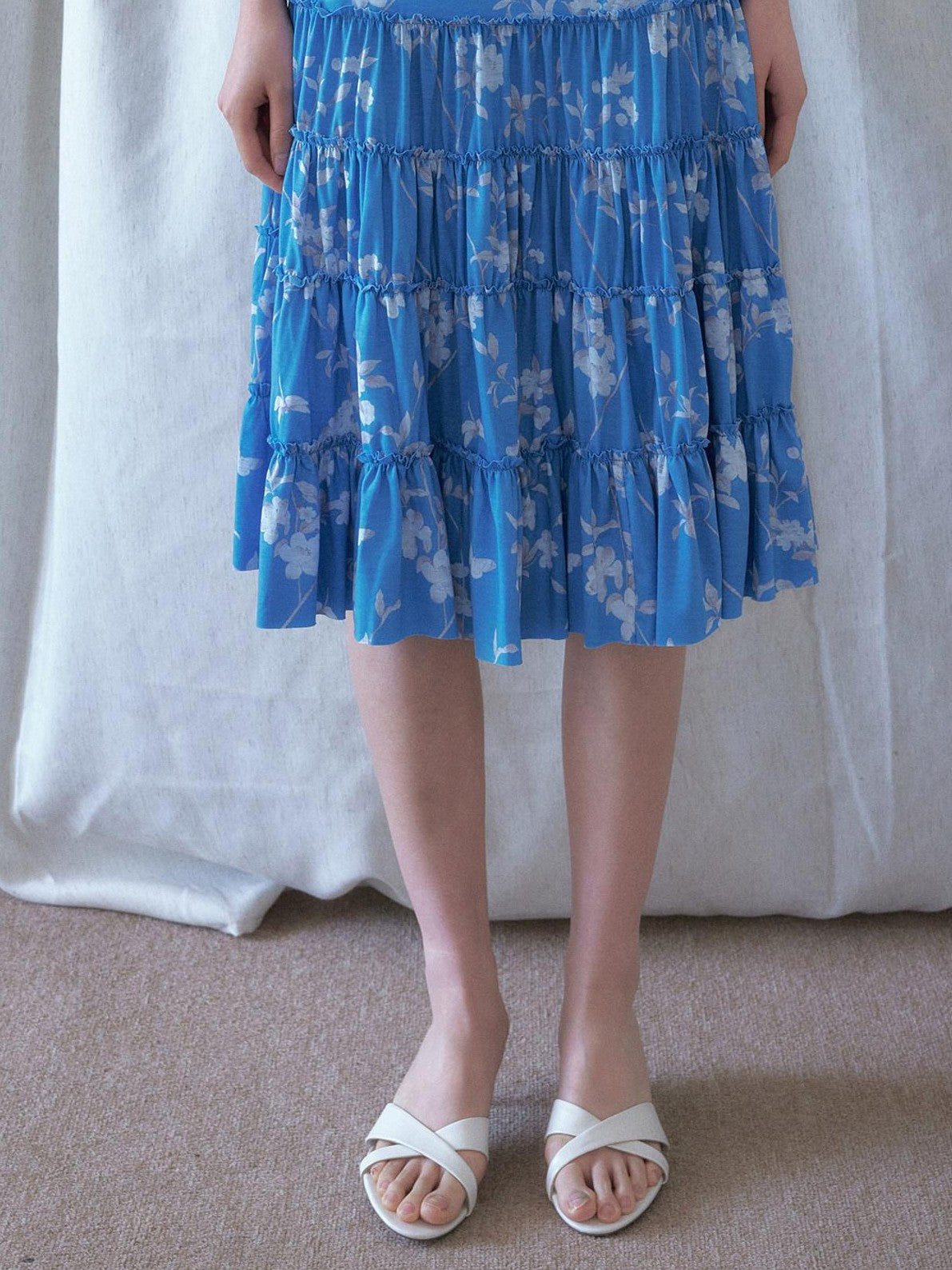 SENSELF Blue Vintage Floral Chinese Print Low Waist Lace Trim Women's Tiered Skirts