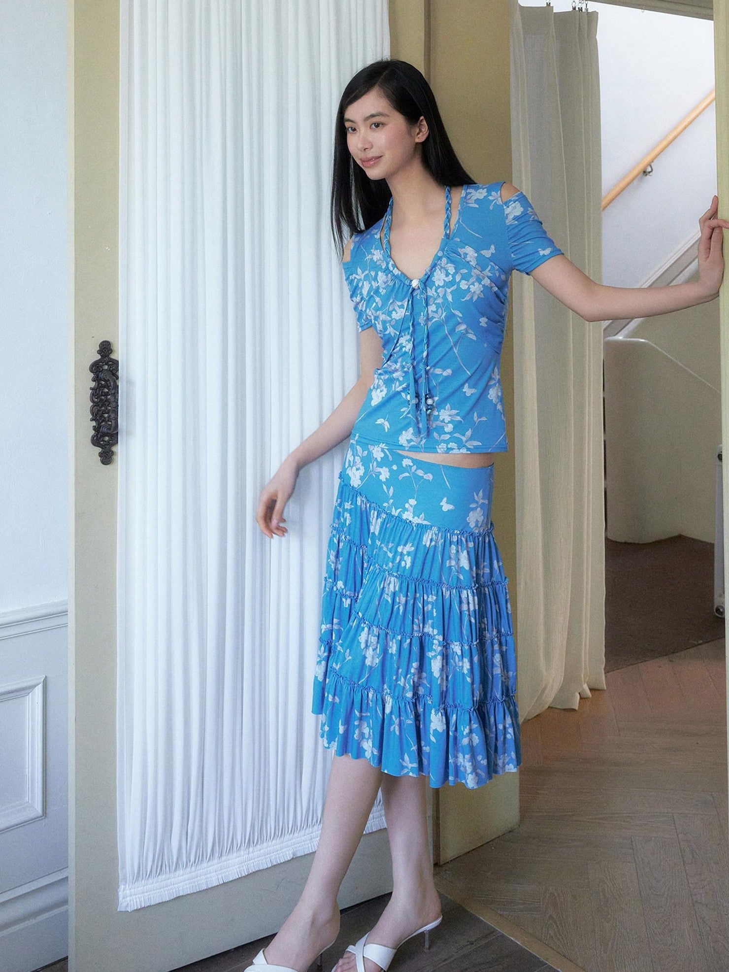 SENSELF Blue Vintage Floral Chinese Print Low Waist Lace Trim Women's Tiered Skirts