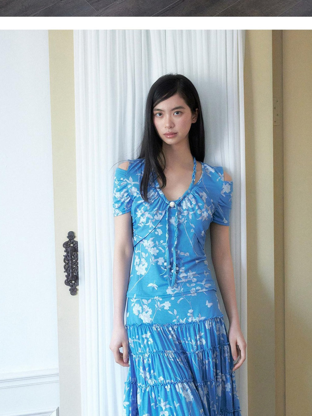SENSELF Blue Vintage Floral Chinese Print Low Waist Lace Trim Women's Tiered Skirts