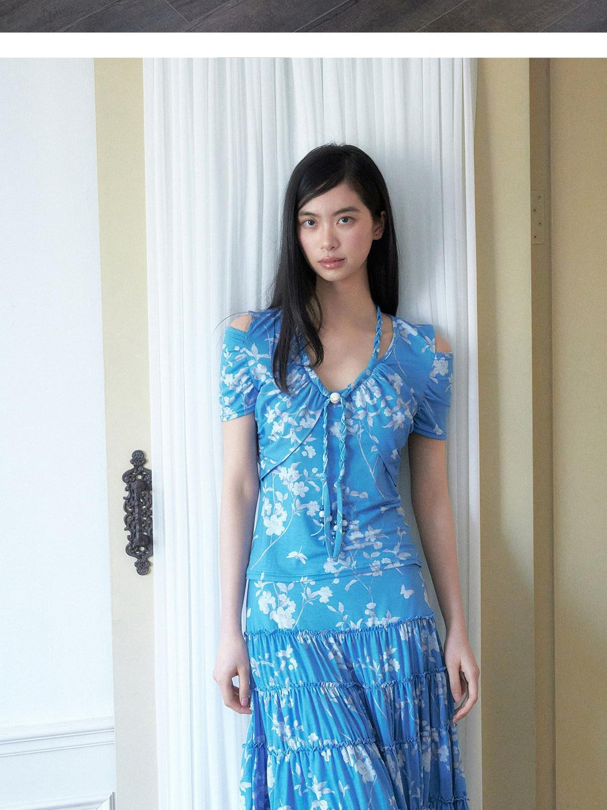 SENSELF Blue Vintage Floral Chinese Print Low Waist Lace Trim Women's Tiered Skirts