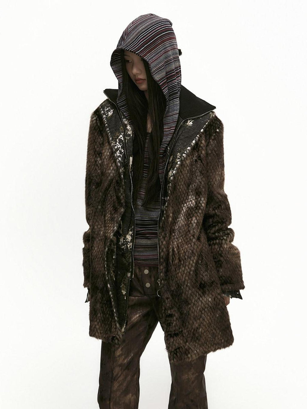 SENSELF Brown Black Leopard Patchwork Faux Two Piece Women's Wool Blend Casual Jackets