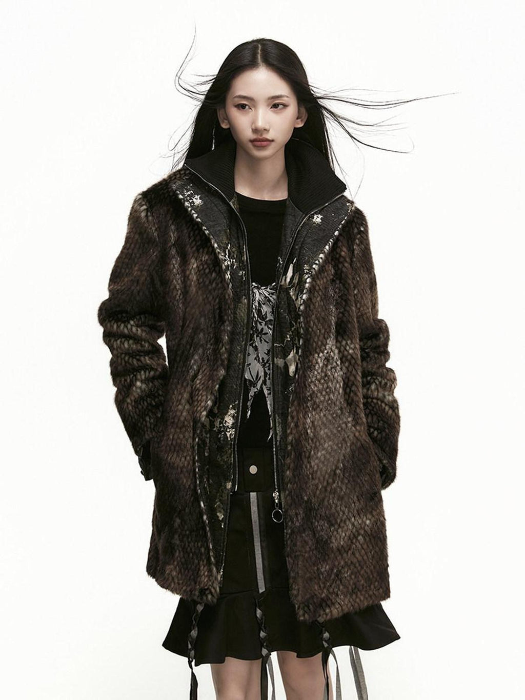SENSELF Brown Black Leopard Patchwork Faux Two Piece Women's Wool Blend Casual Jackets