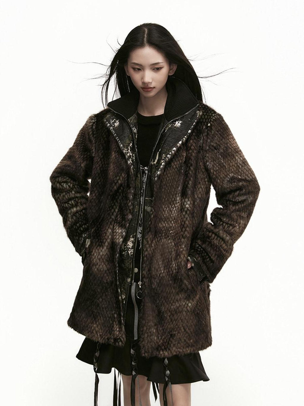 SENSELF Brown Black Leopard Patchwork Faux Two Piece Women's Wool Blend Casual Jackets