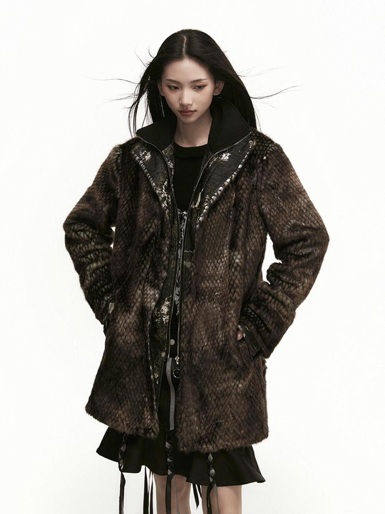 SENSELF Brown Black Leopard Patchwork Faux Two Piece Women's Wool Blend Casual Jackets