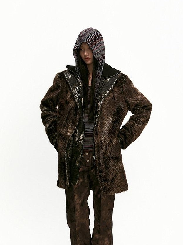 SENSELF Brown Black Leopard Patchwork Faux Two Piece Women's Wool Blend Casual Jackets