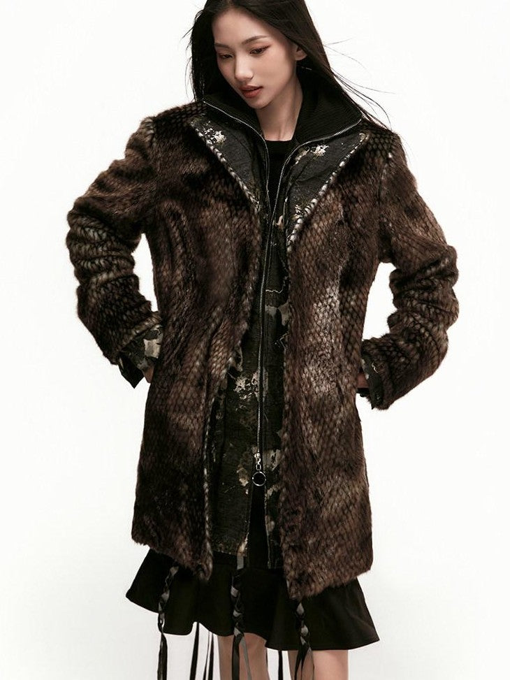 SENSELF Brown Black Leopard Patchwork Faux Two Piece Women's Wool Blend Casual Jackets
