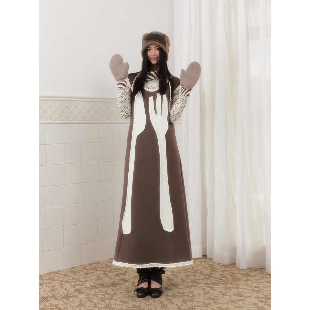 SENSELF_Brown_Cutlery_Applique_Layered_Vest_Aline_Women's_Knit_Casual_Maxi_Dresses_991785172079_MISSTT