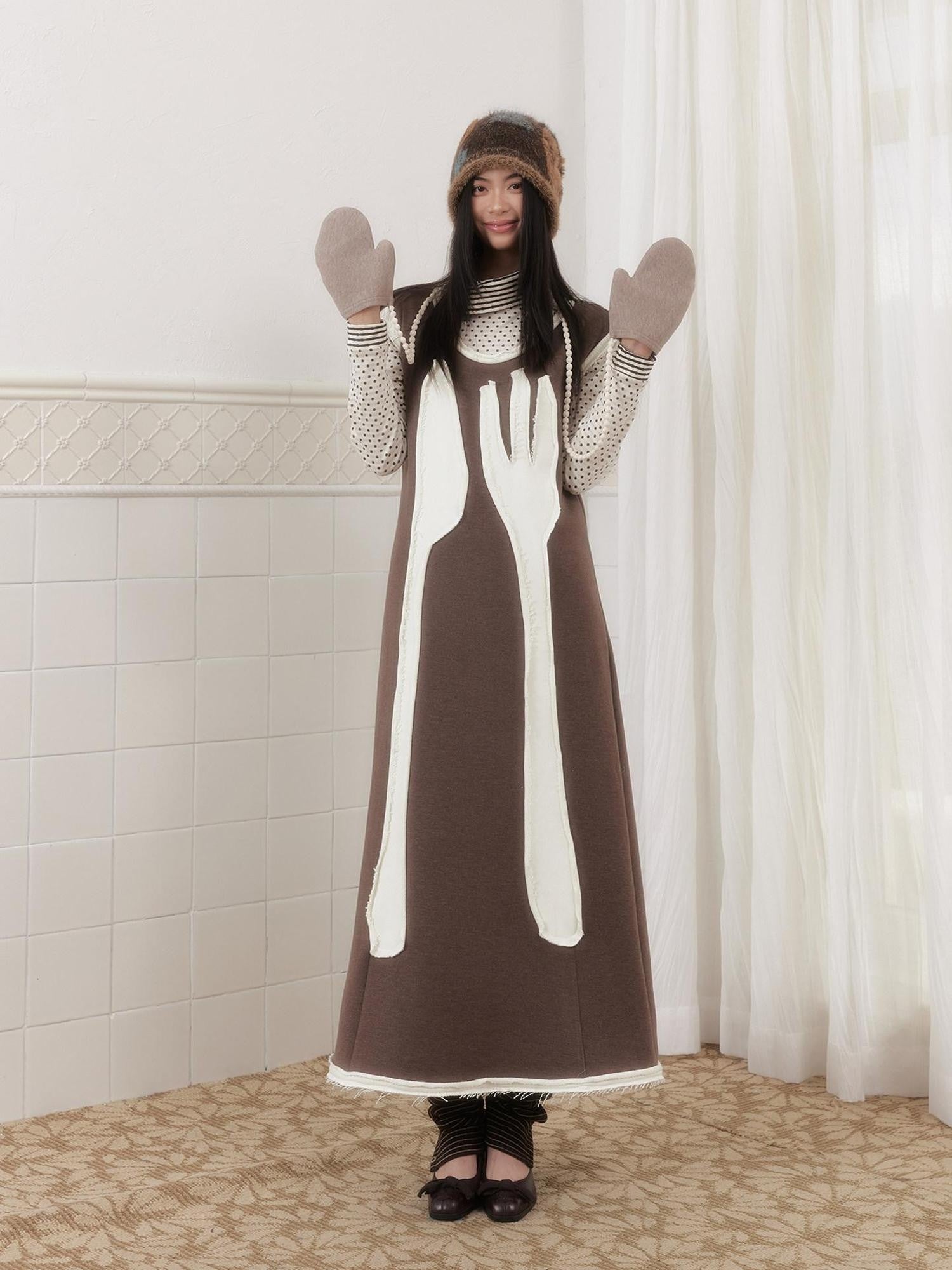 SENSELF Brown Cutlery Applique Layered Vest Aline Women's Knit Casual Maxi Dresses