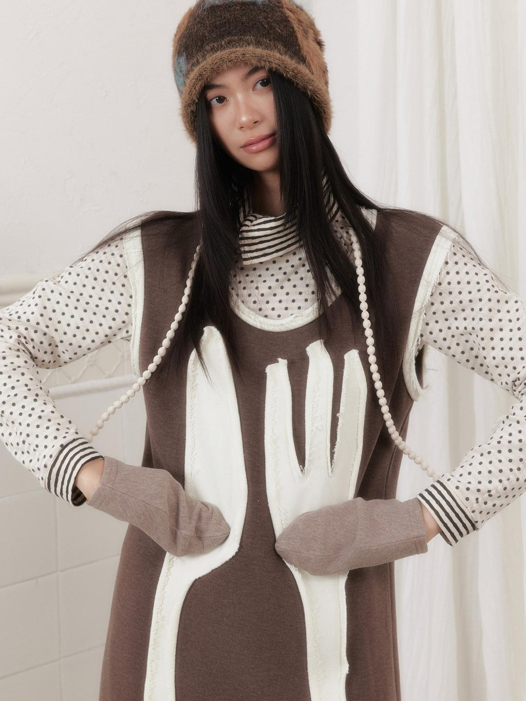SENSELF Brown Cutlery Applique Layered Vest Aline Women's Knit Casual Maxi Dresses