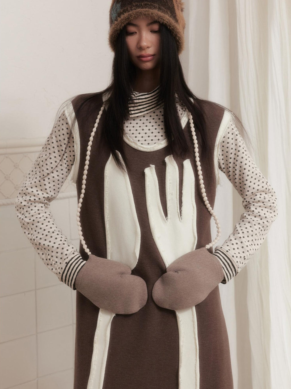 SENSELF Brown Cutlery Applique Layered Vest Aline Women's Knit Casual Maxi Dresses