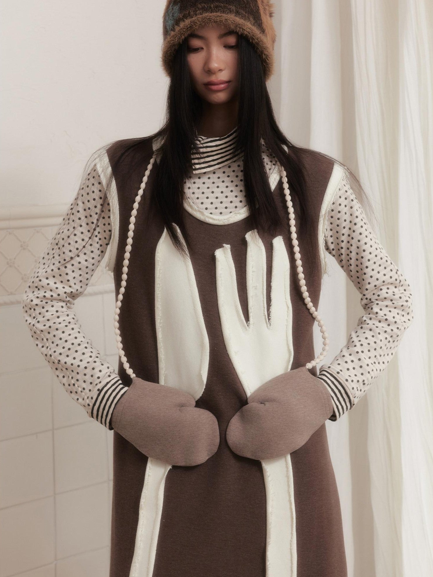 SENSELF Brown Cutlery Applique Layered Vest Aline Women's Knit Casual Maxi Dresses