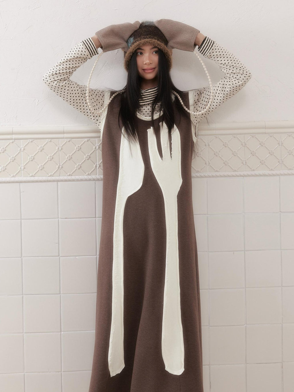SENSELF Brown Cutlery Applique Layered Vest Aline Women's Knit Casual Maxi Dresses