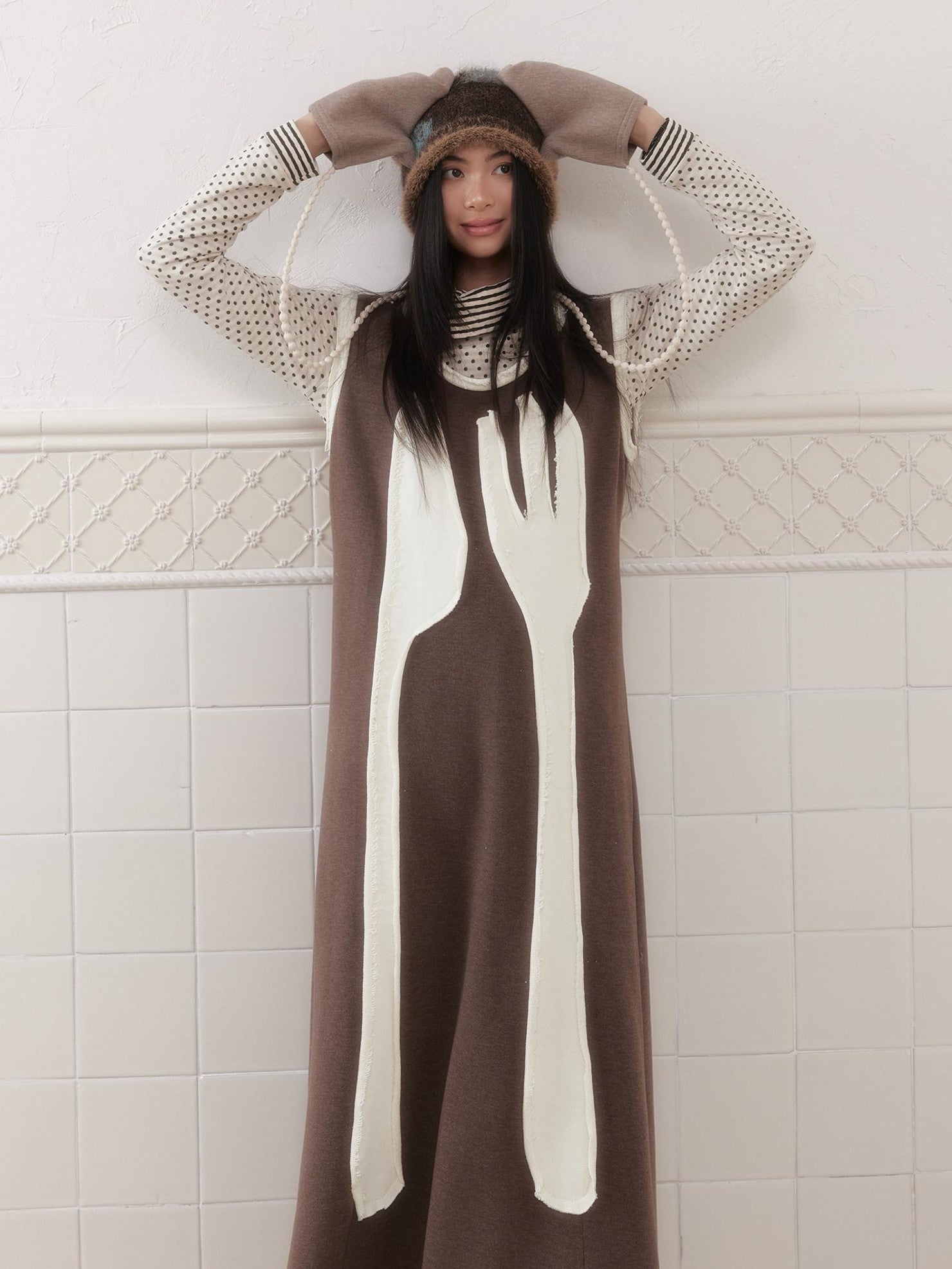 SENSELF Brown Cutlery Applique Layered Vest Aline Women's Knit Casual Maxi Dresses