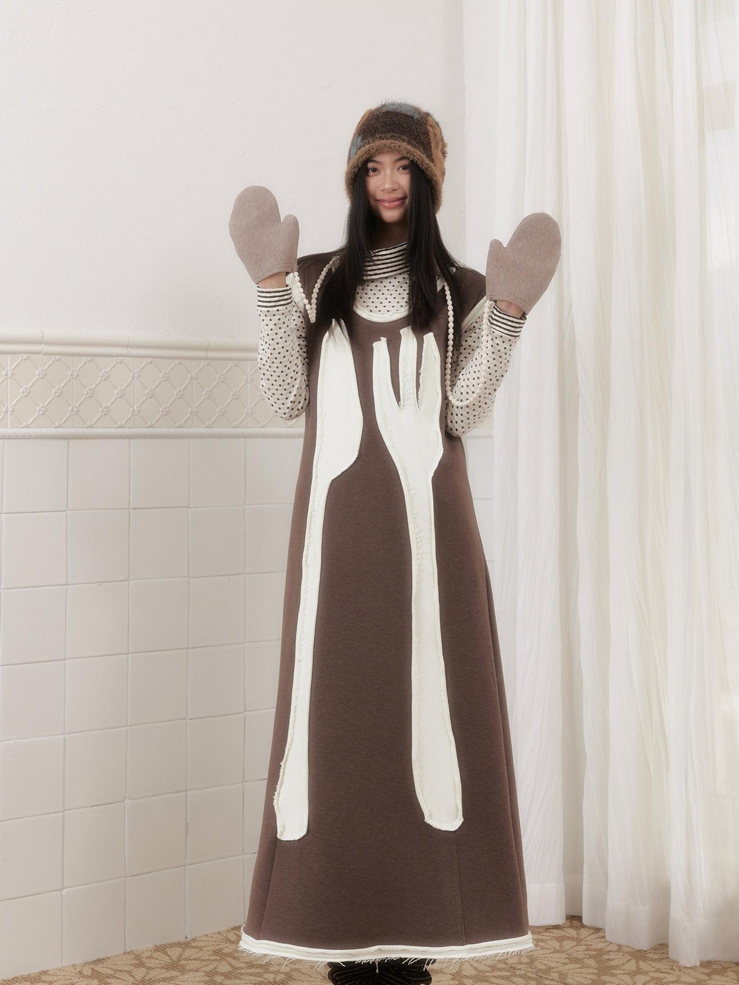 SENSELF Brown Cutlery Applique Layered Vest Aline Women's Knit Casual Maxi Dresses