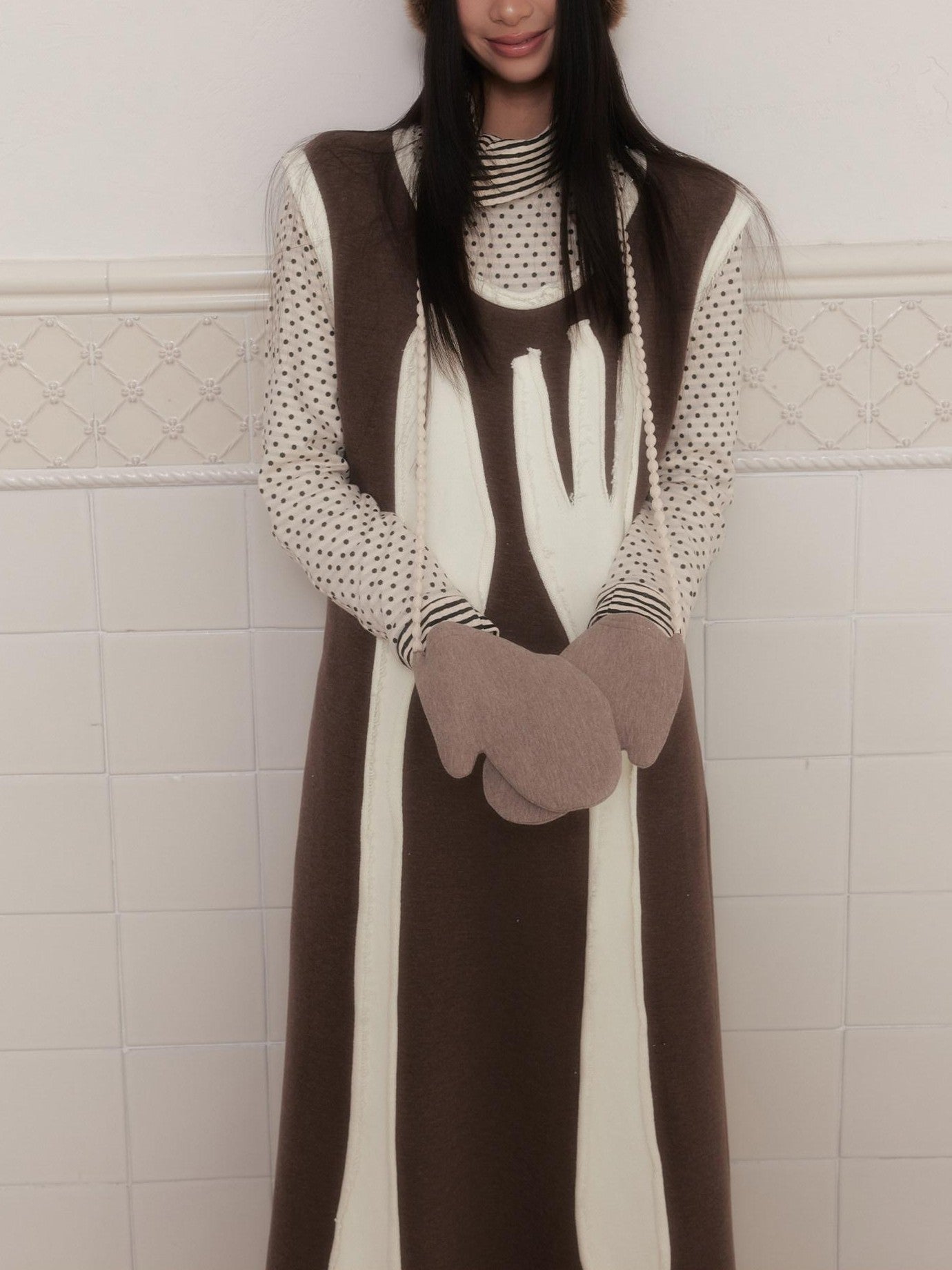 SENSELF Brown Cutlery Applique Layered Vest Aline Women's Knit Casual Maxi Dresses