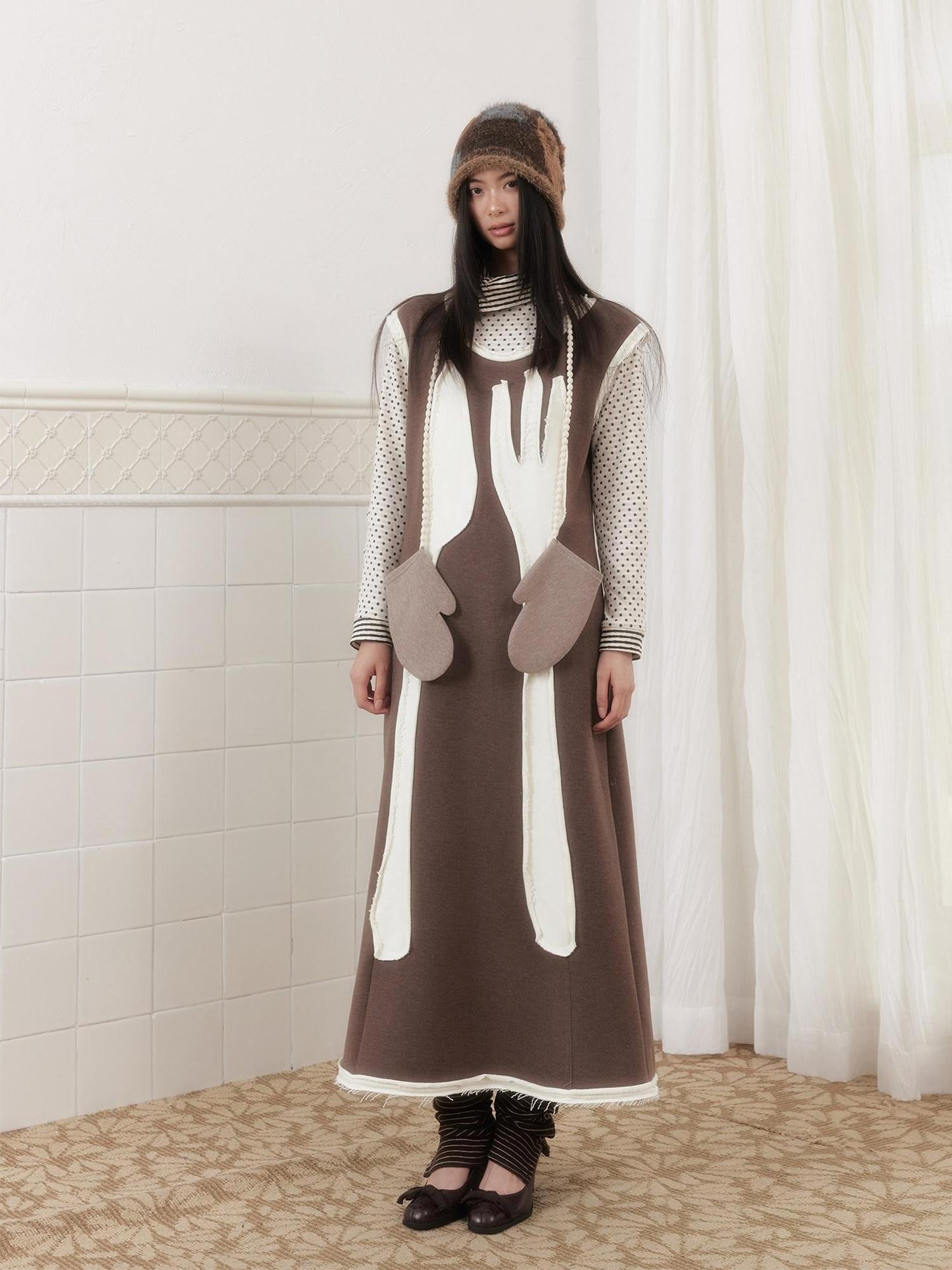 SENSELF Brown Cutlery Applique Layered Vest Aline Women's Knit Casual Maxi Dresses