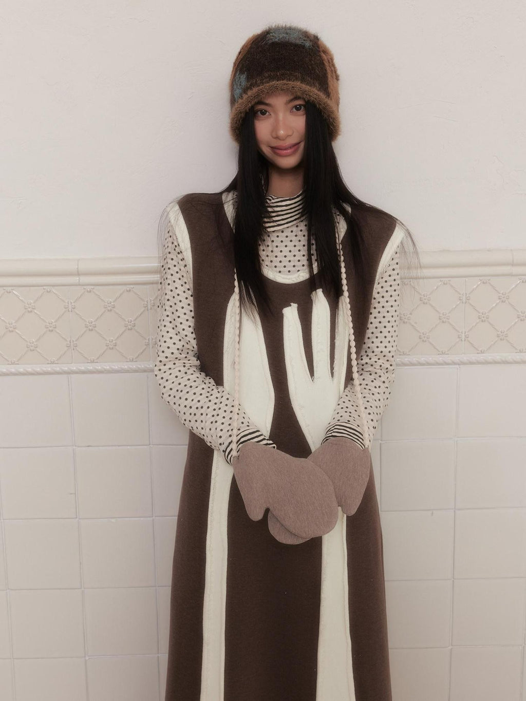 SENSELF Brown Cutlery Applique Layered Vest Aline Women's Knit Casual Maxi Dresses