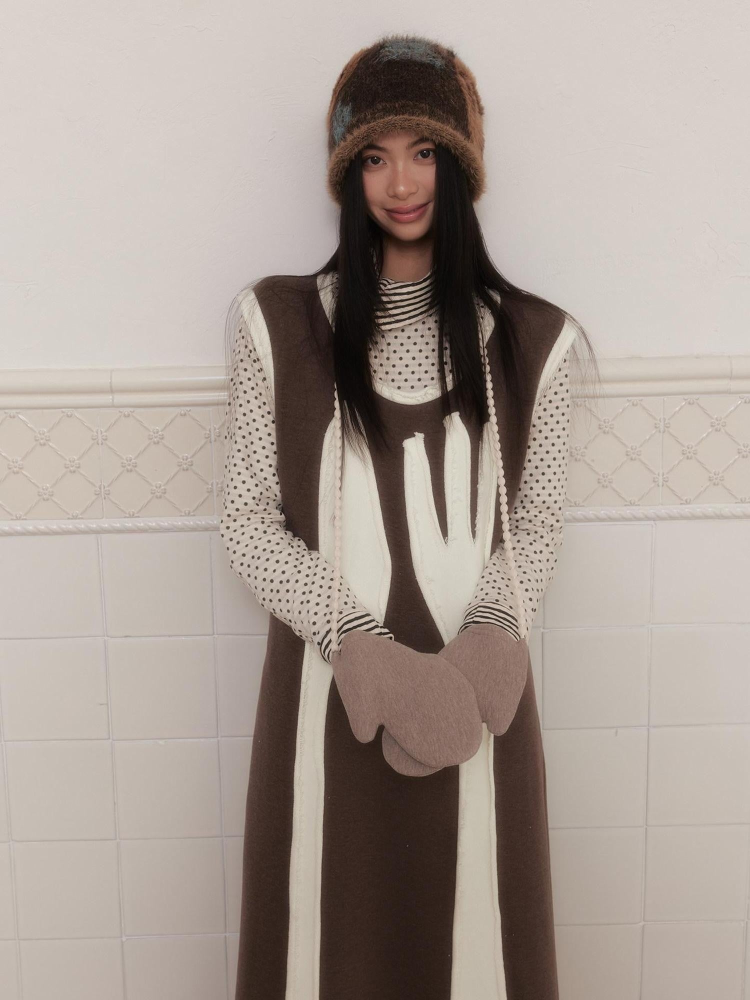 SENSELF Brown Cutlery Applique Layered Vest Aline Women's Knit Casual Maxi Dresses