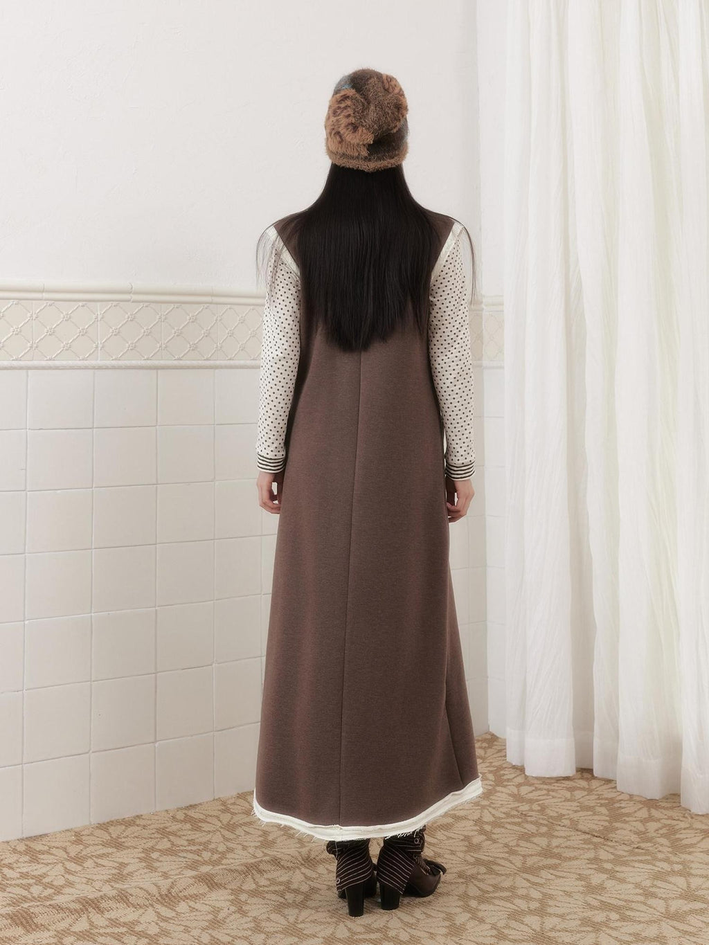SENSELF Brown Cutlery Applique Layered Vest Aline Women's Knit Casual Maxi Dresses