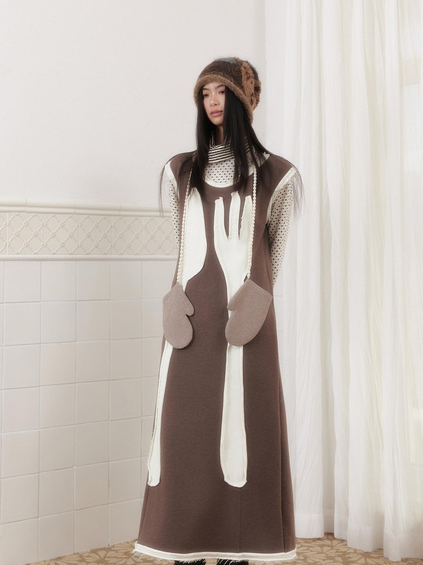 SENSELF Brown Cutlery Applique Layered Vest Aline Women's Knit Casual Maxi Dresses