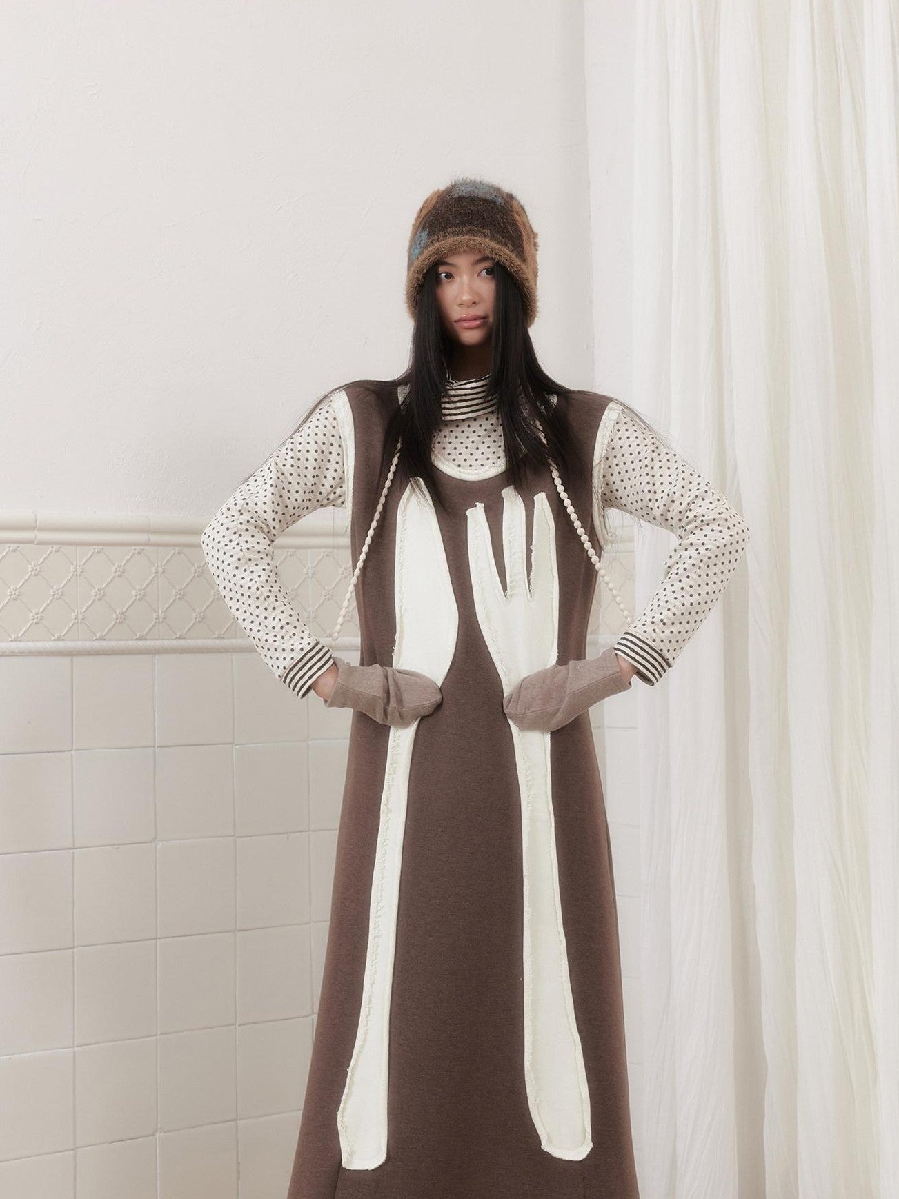 SENSELF Brown Cutlery Applique Layered Vest Aline Women's Knit Casual Maxi Dresses