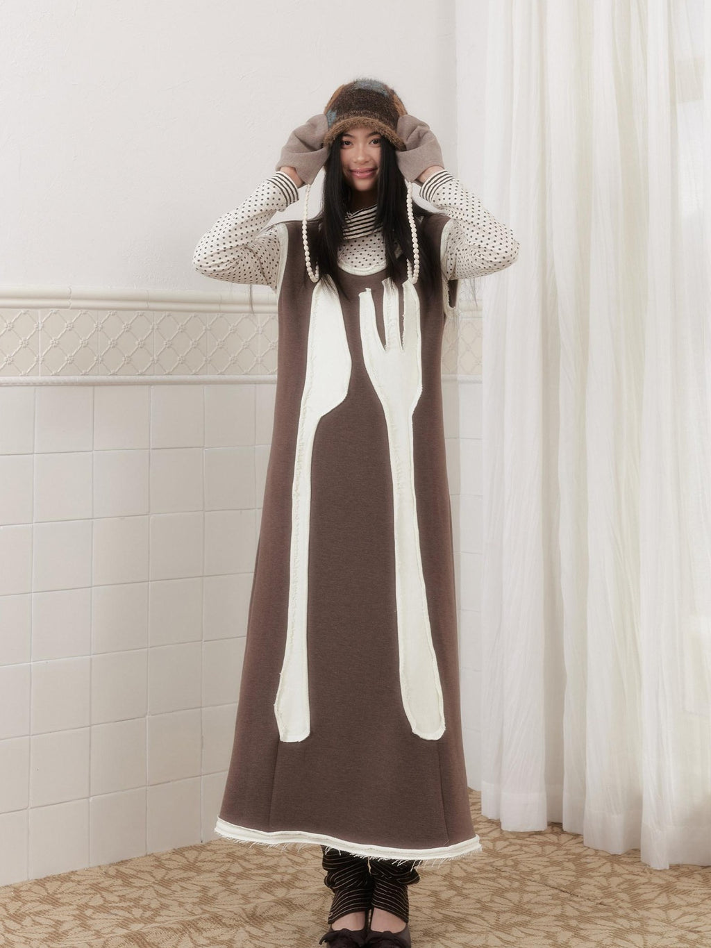SENSELF Brown Cutlery Applique Layered Vest Aline Women's Knit Casual Maxi Dresses