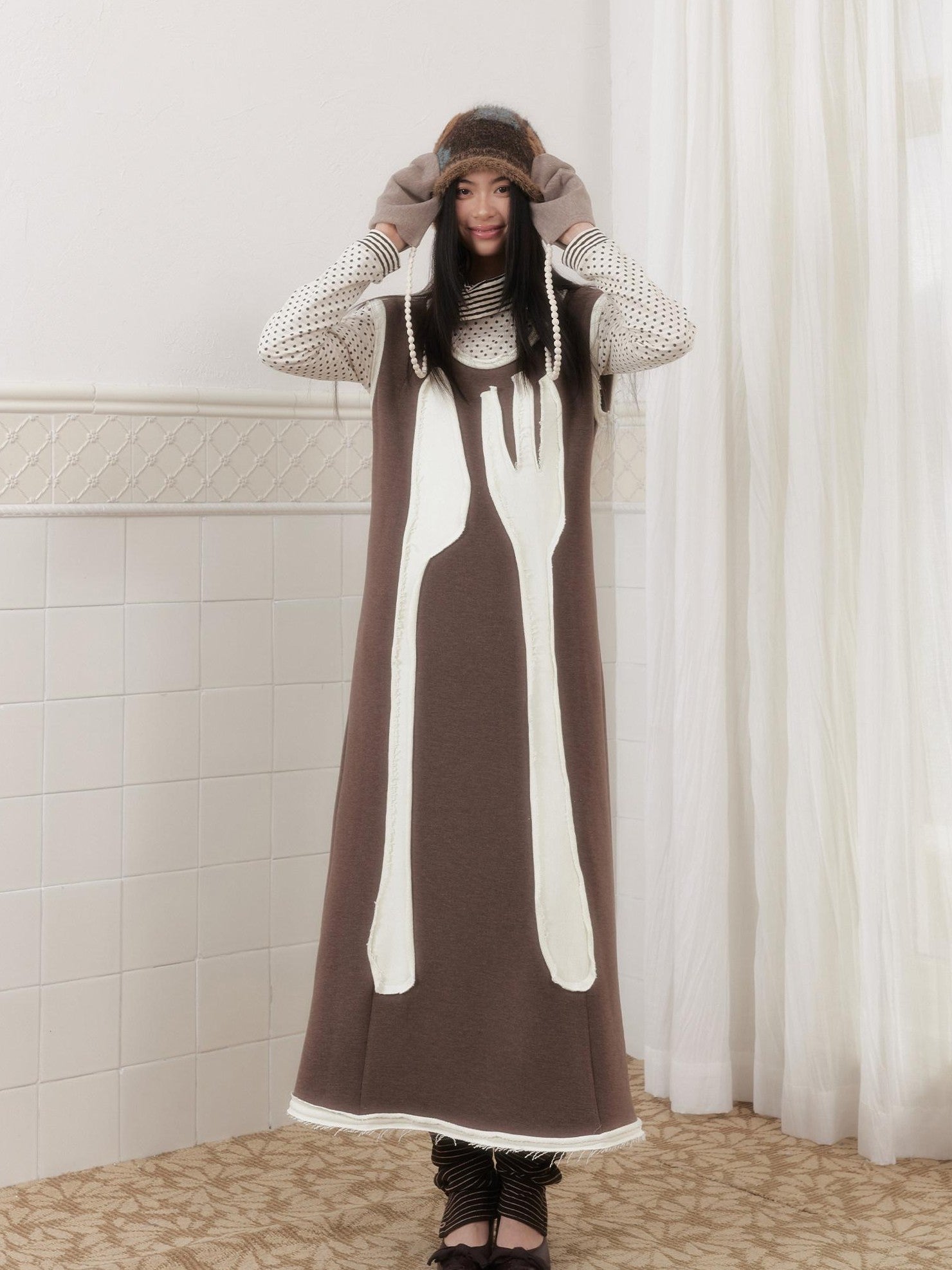 SENSELF Brown Cutlery Applique Layered Vest Aline Women's Knit Casual Maxi Dresses