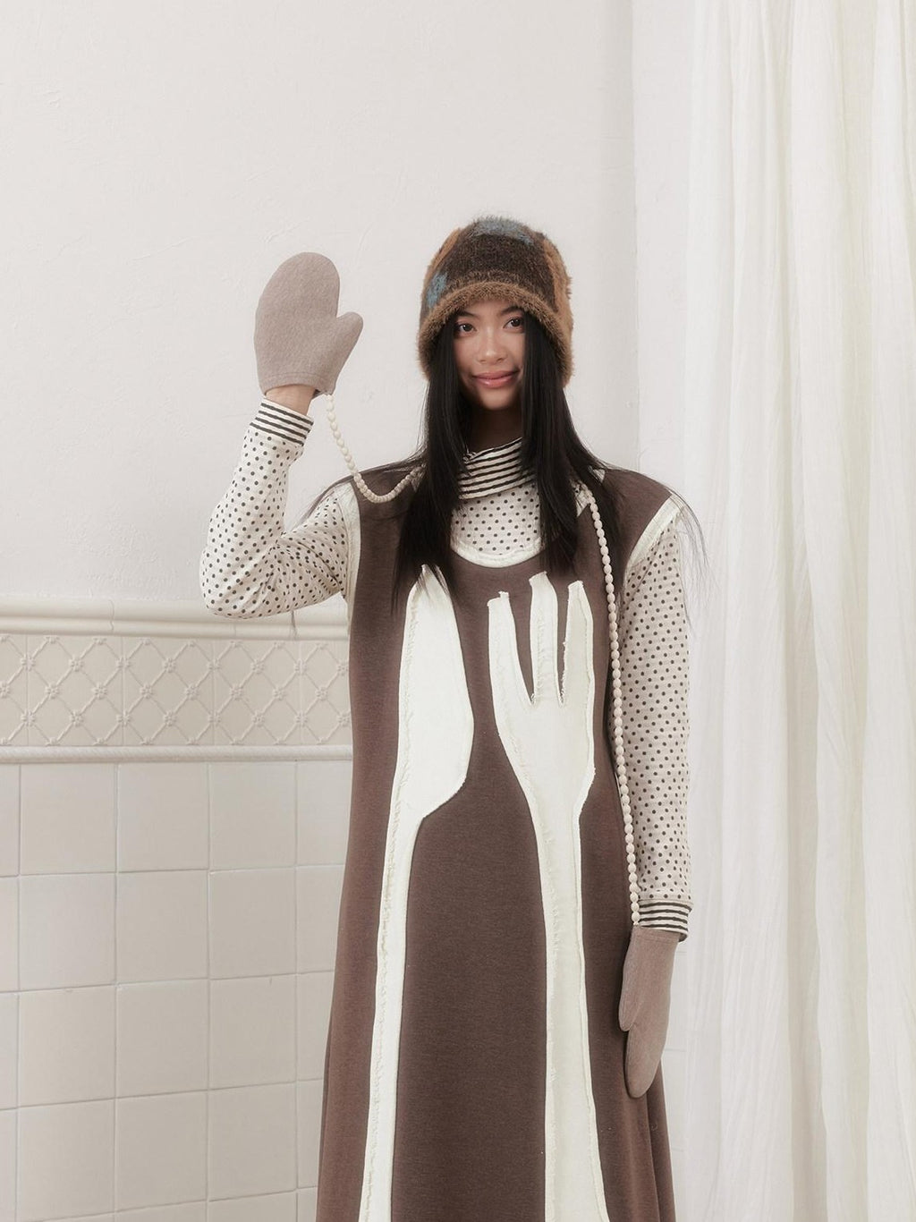 SENSELF Brown Cutlery Applique Layered Vest Aline Women's Knit Casual Maxi Dresses