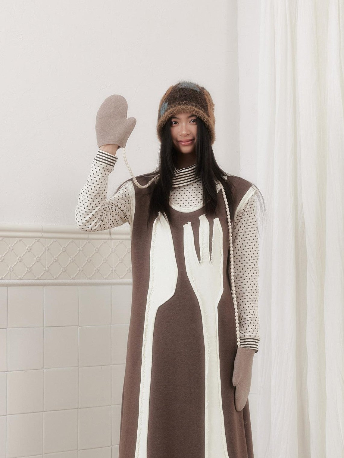SENSELF Brown Cutlery Applique Layered Vest Aline Women's Knit Casual Maxi Dresses