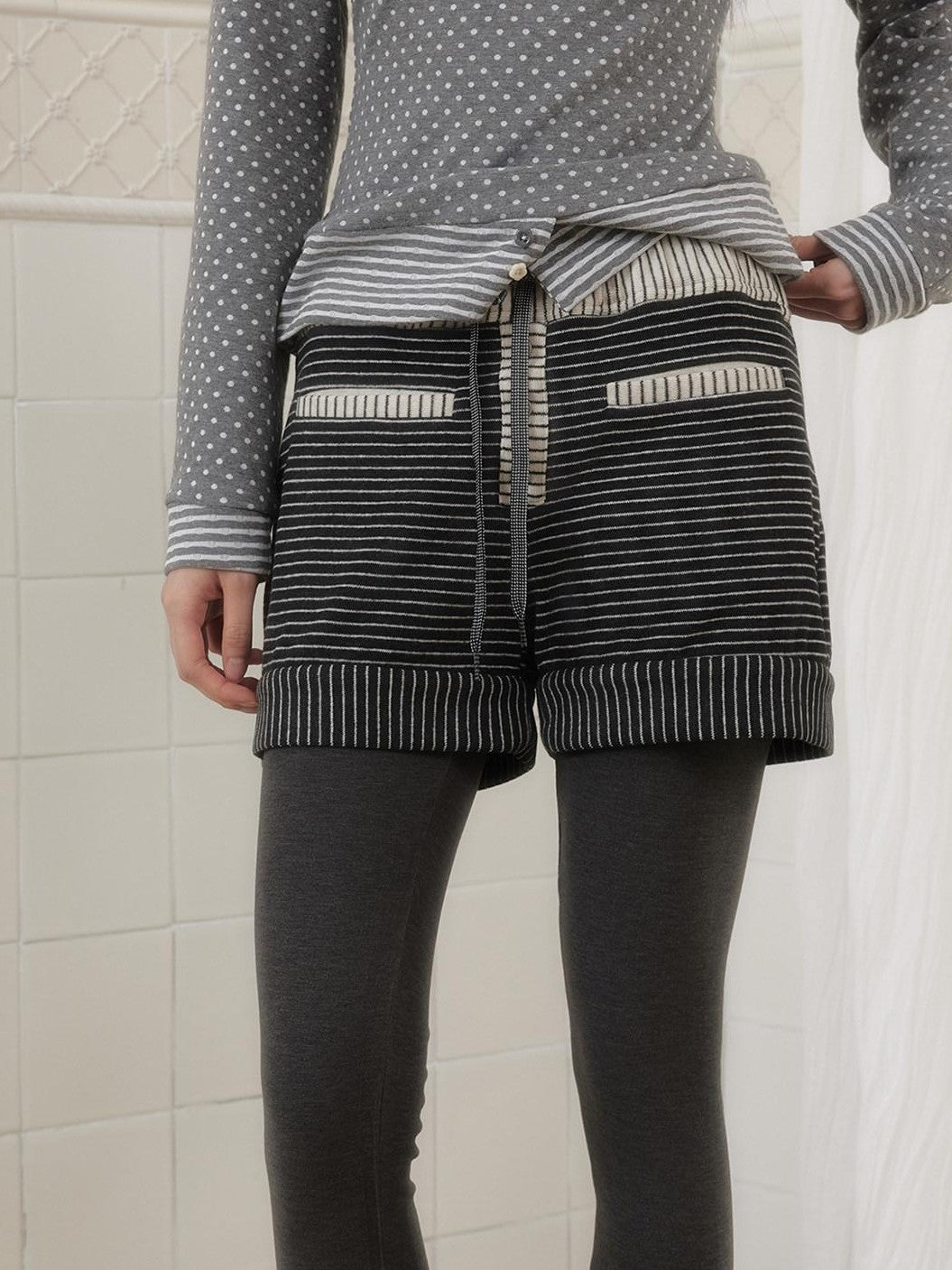 SENSELF Brown Gray Striped High Stretch Faux Two Piece Women's Knit Leggings