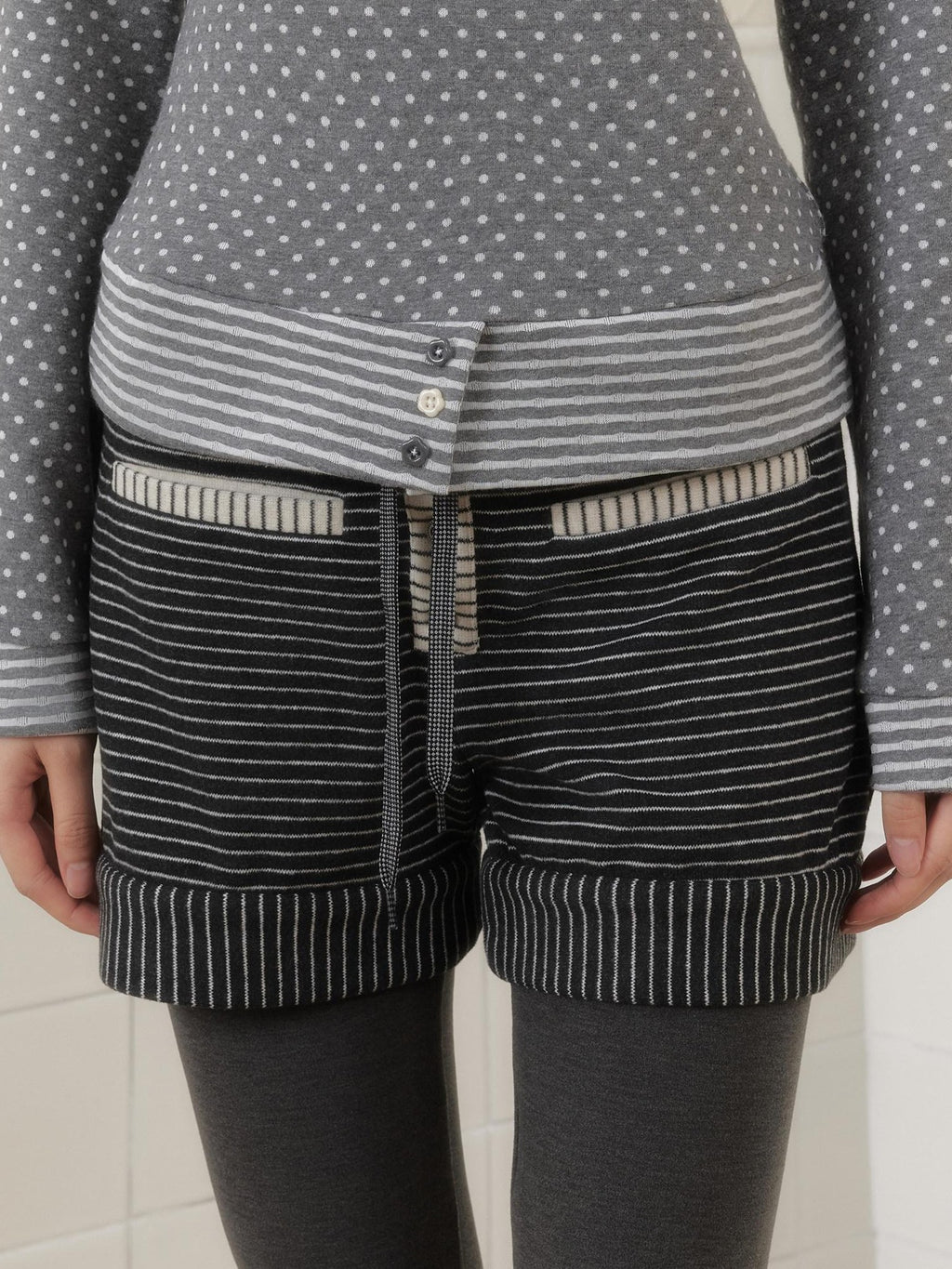 SENSELF Brown Gray Striped High Stretch Faux Two Piece Women's Knit Leggings