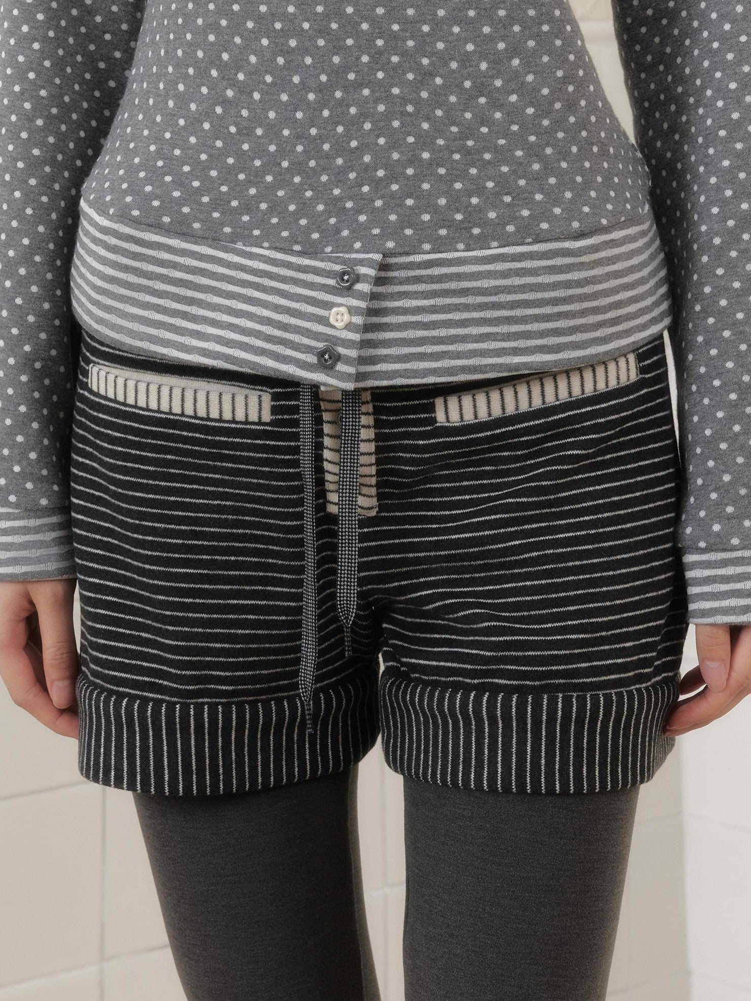SENSELF Brown Gray Striped High Stretch Faux Two Piece Women's Knit Leggings