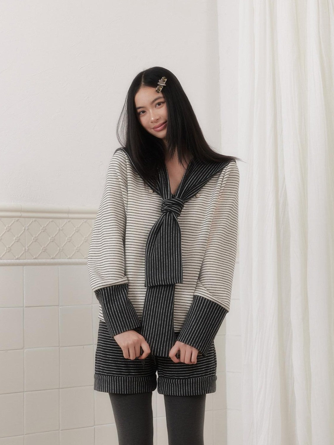 SENSELF Brown Gray Striped High Stretch Faux Two Piece Women's Knit Leggings