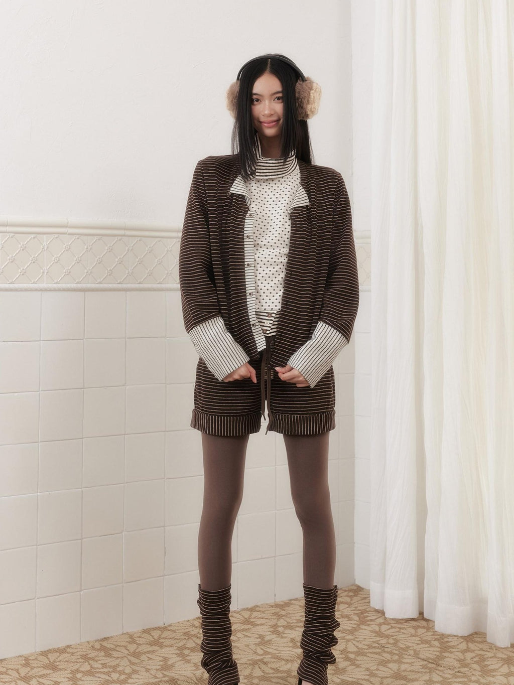 SENSELF Brown Gray Striped High Stretch Faux Two Piece Women's Knit Leggings