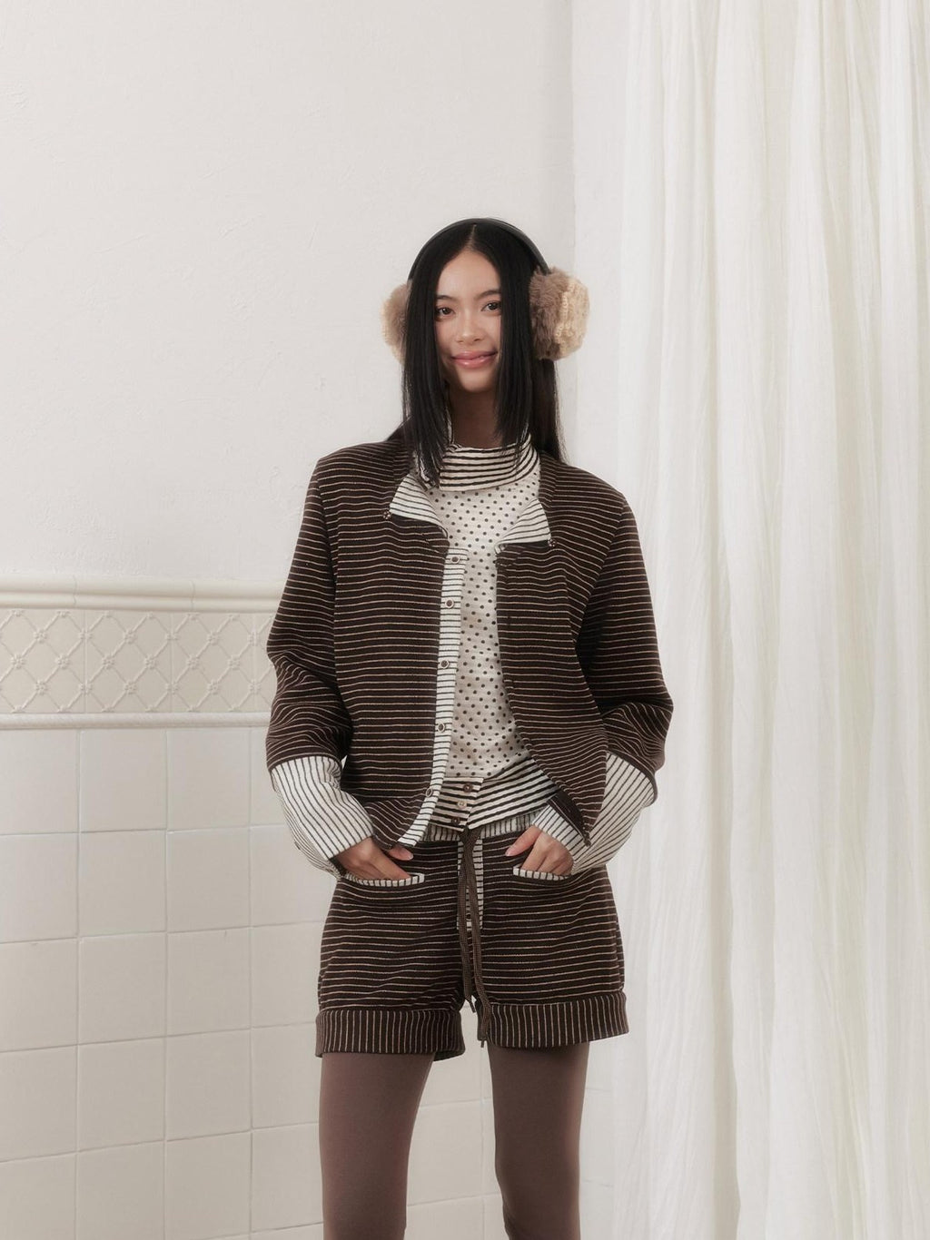SENSELF Brown Gray Striped High Stretch Faux Two Piece Women's Knit Leggings