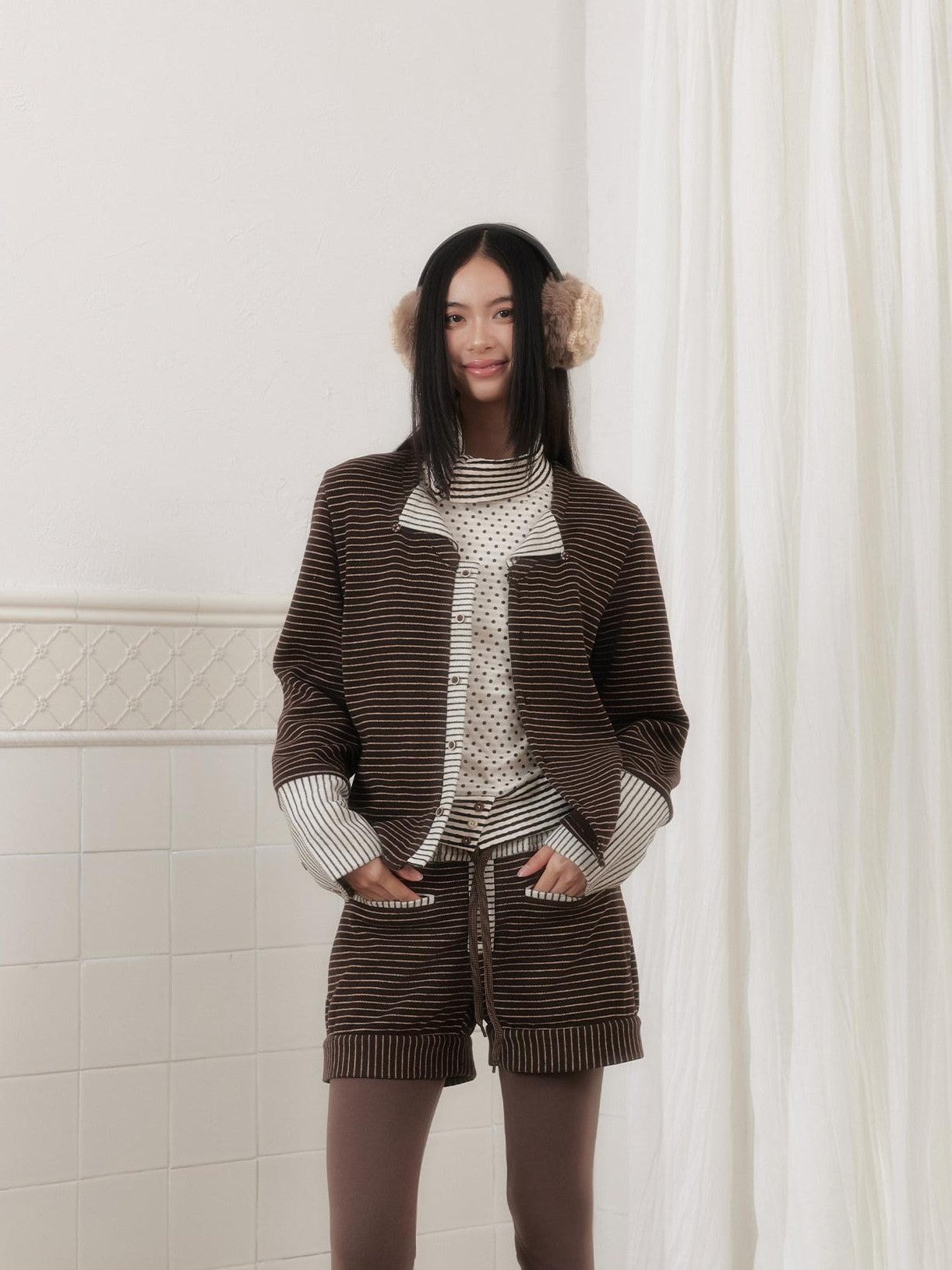 SENSELF Brown Gray Striped High Stretch Faux Two Piece Women's Knit Leggings