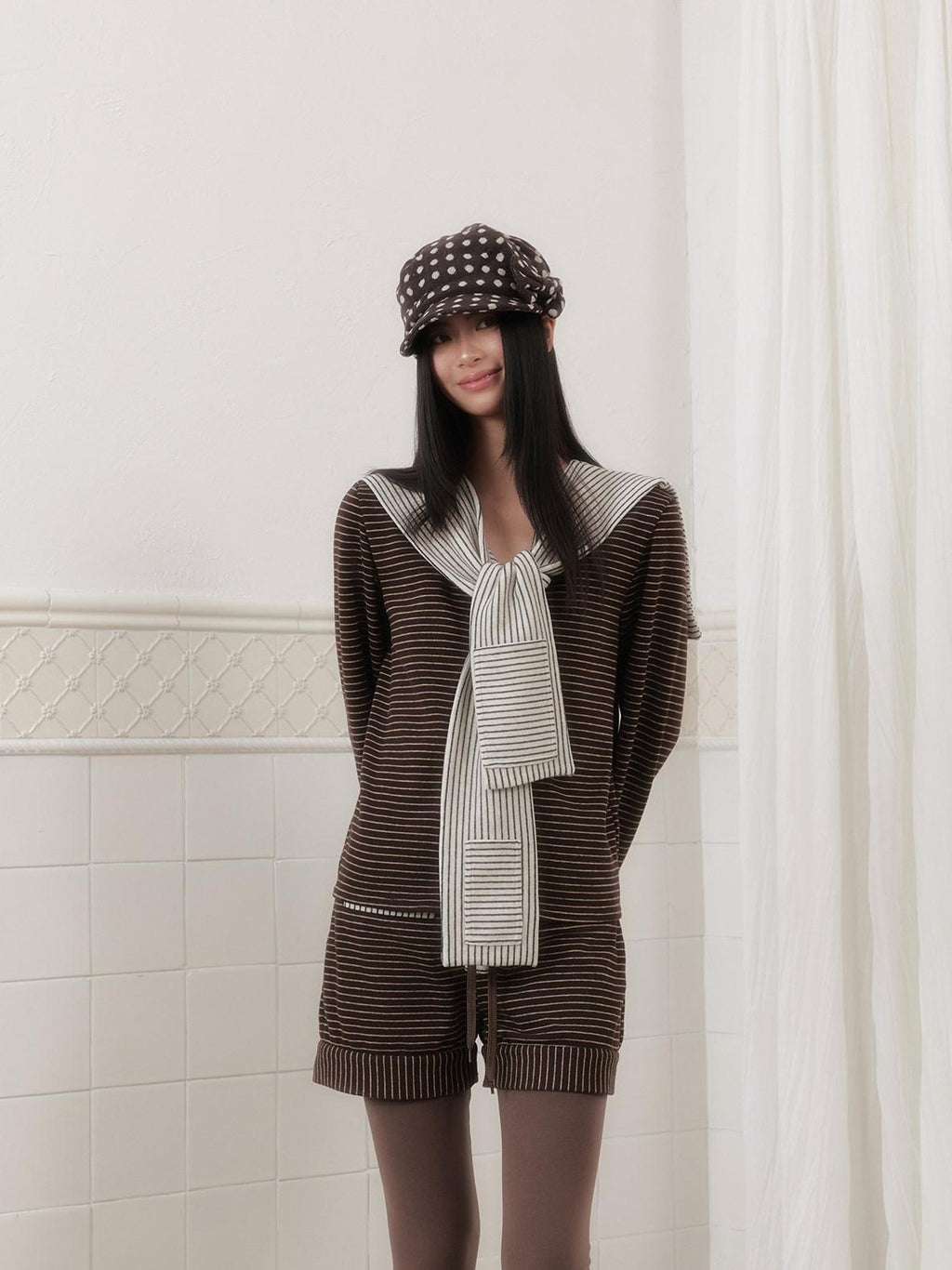 SENSELF Brown Gray Striped High Stretch Faux Two Piece Women's Knit Leggings