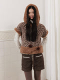 SENSELF Brown Knitted Hooded Layered Petite Women's Plush Faux Fur Vests