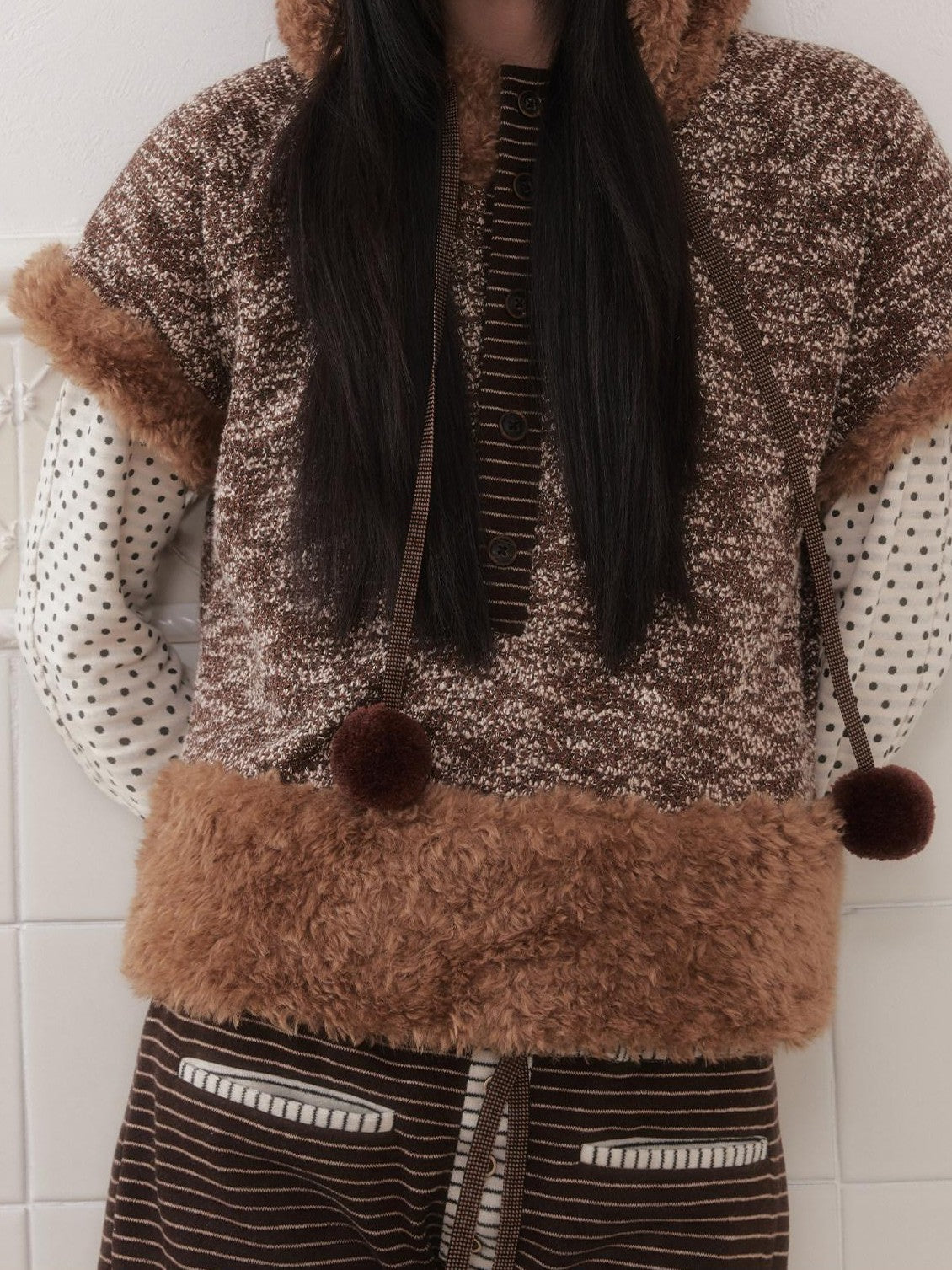 SENSELF Brown Knitted Hooded Layered Petite Women's Plush Faux Fur Vests