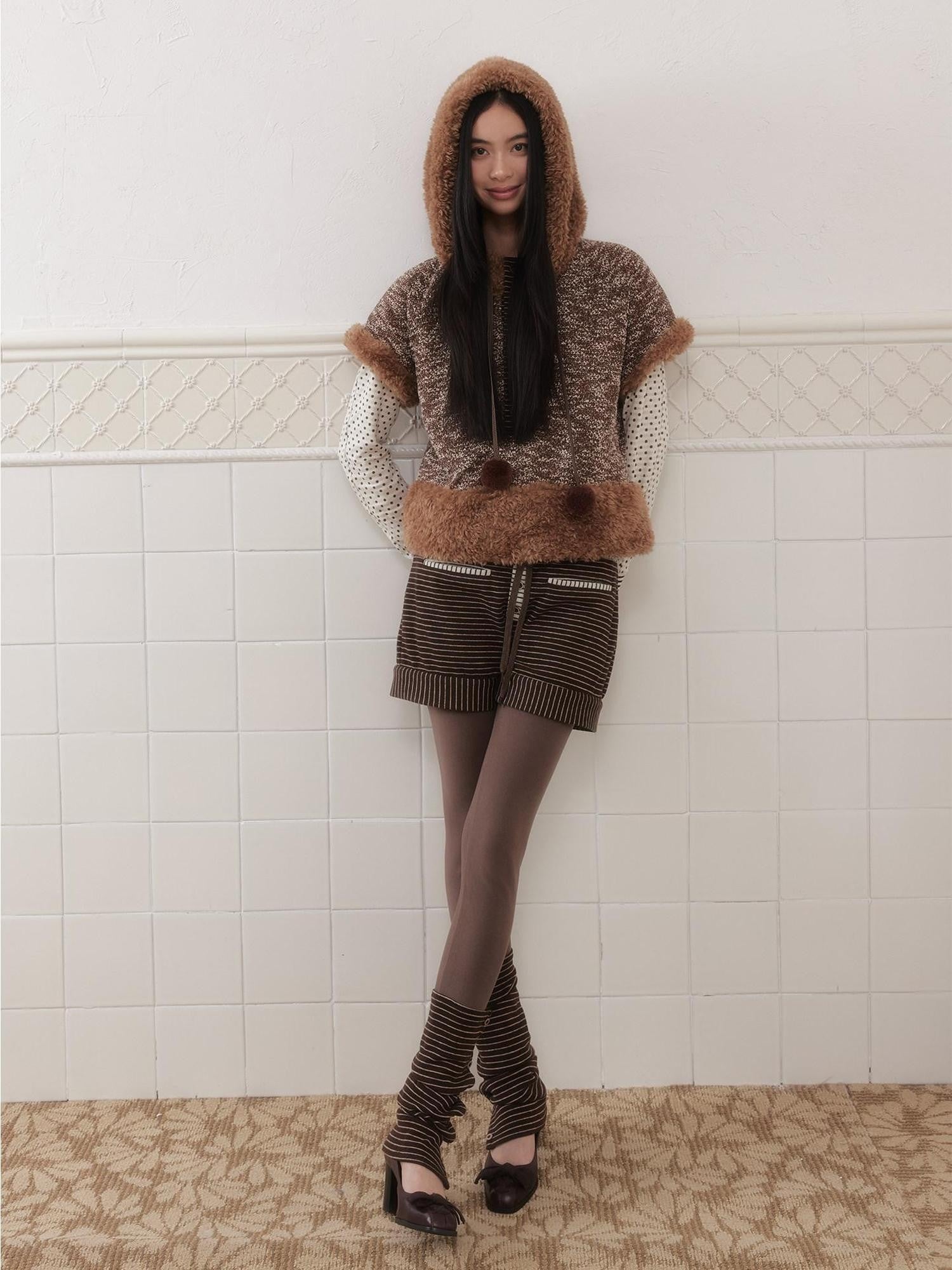 SENSELF Brown Knitted Hooded Layered Petite Women's Plush Faux Fur Vests