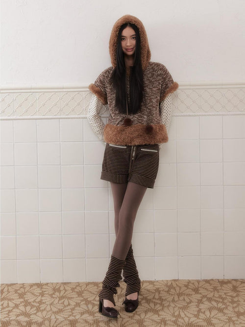 SENSELF Brown Knitted Hooded Layered Petite Women's Plush Faux Fur Vests
