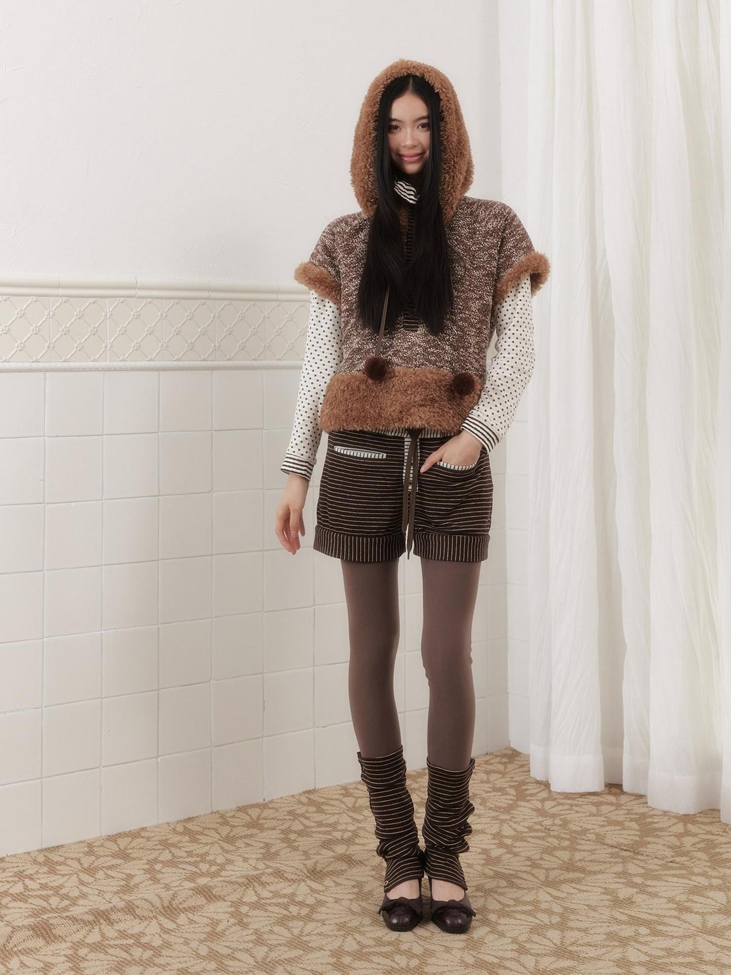 SENSELF Brown Knitted Hooded Layered Petite Women's Plush Faux Fur Vests