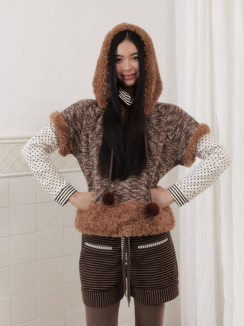 SENSELF Brown Knitted Hooded Layered Petite Women's Plush Faux Fur Vests