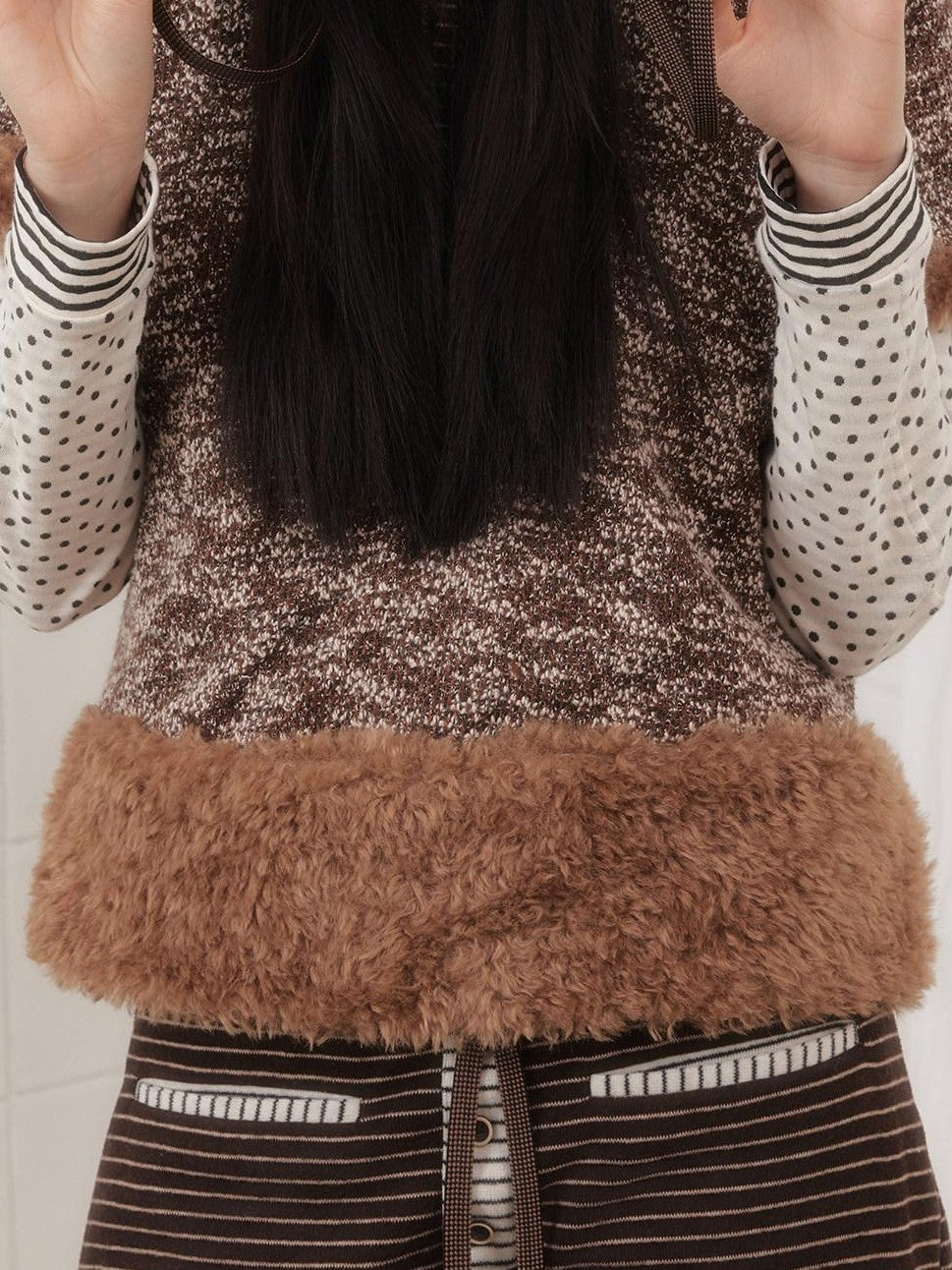 SENSELF Brown Knitted Hooded Layered Petite Women's Plush Faux Fur Vests