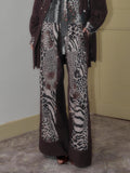 SENSELF Brown Leopard Print Removable Tie Bow Straps Women's Wide-leg Pants