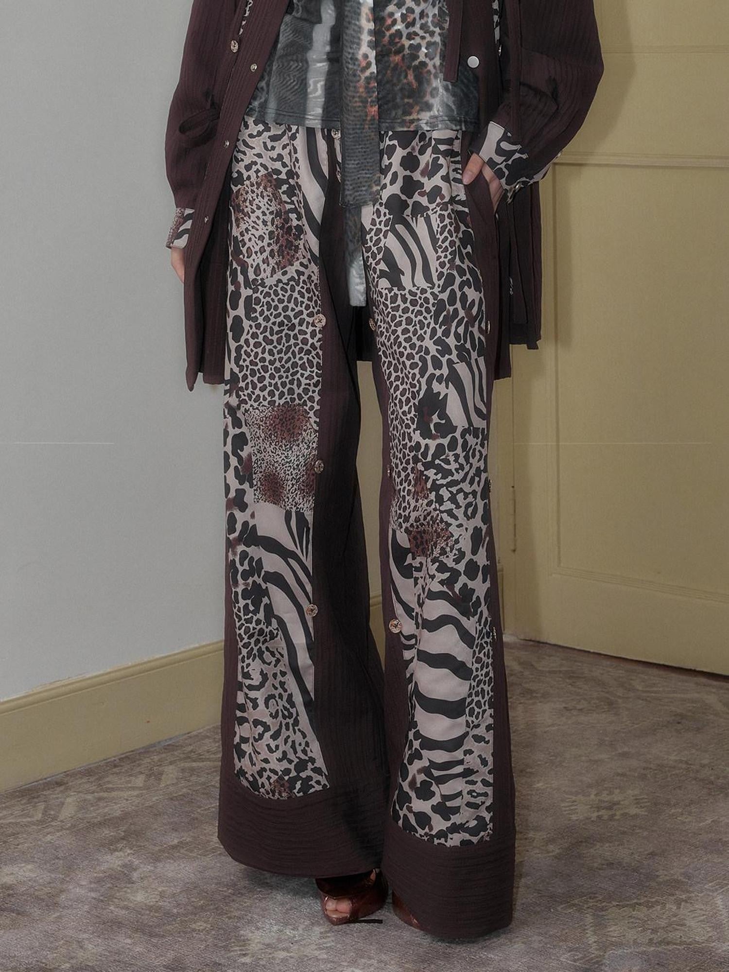 SENSELF Brown Leopard Print Removable Tie Bow Straps Women's Wide-leg Pants