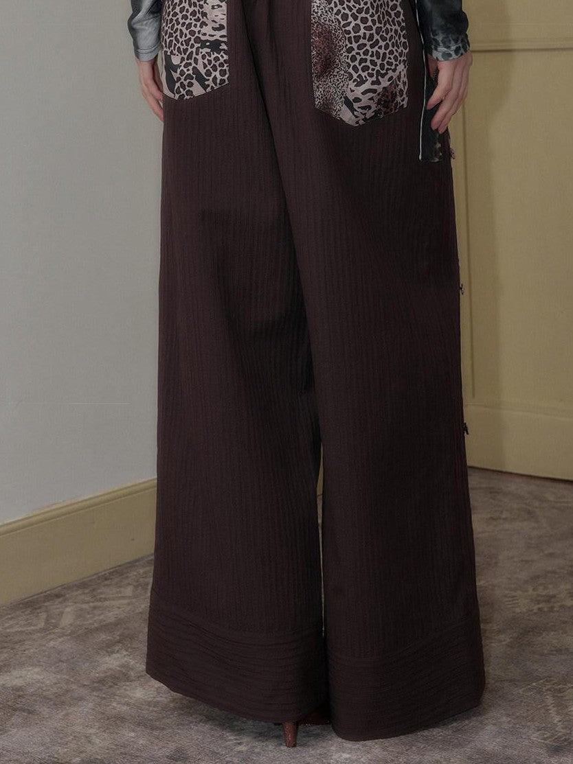 SENSELF Brown Leopard Print Removable Tie Bow Straps Women's Wide-leg Pants